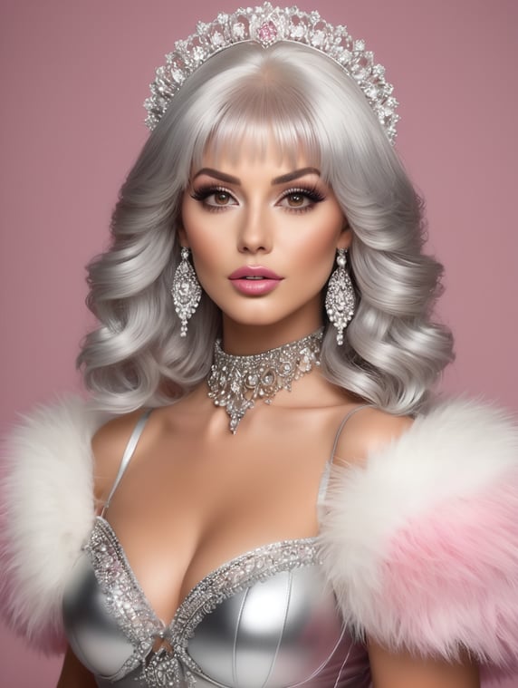 Canon EF 100mm f 1. 8 STM Lens, a super realistic portrait fashion photo of a beautiful supermodel white woman wearing a sexy metallic silver wig, Hyperdetailed, beautiful goddess, full-lips, perfect lips, pink shades, make-up, half-open fur bust top, brown vivid eyes, bridal make up