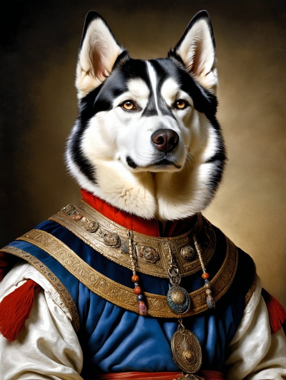 A masterpiece painting by Rembrandt Van Rijn, a Portrait of a Siberian Husky the typical clothes of the time, Renaissance painting style, 2 3 view, simple background, waist upwards, highly detailed, high contrast