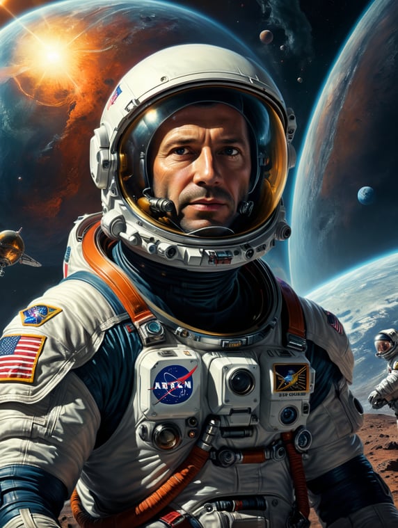 astronaut, portrait, space repair, space exploration, aerospace engineering, astronautic maintenance, spacecraft repair, science fiction inspired, Base building, Space colonization, alien planet, alien world, alien nature, creative artwork, surreal image, experimental art, science fiction inspired, imaginative depiction,
