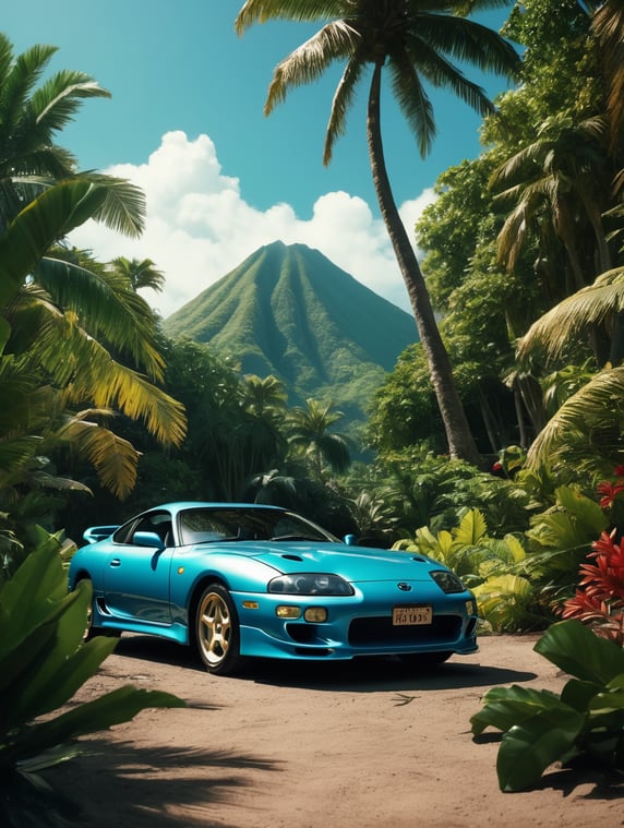 scene of 1994 Toyota Supra, Tropical Vacation, Caribbean Jurrasic Park Dinosaurs included, shot by stanley kubrick and by retrowave Hiroshi Nagai,