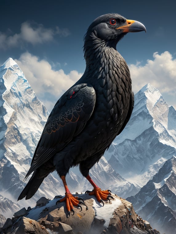 8 foot black skinny bird standing on mount everest