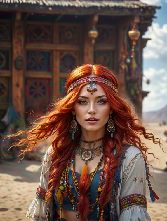 red hair mullet the sun a lot of jewelry bright clothes bright makeup hippie boho style joy hair clips stars; рыжие волосы маллет солнце много украшений яркая одежда яркий макияж хиппи бохо стиль радость заколки звезды