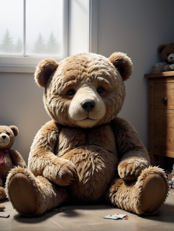 a soft cuddly sad and tired looking teddy bear, white background, neutral background, 4k image, isolate figure