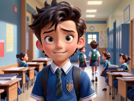 Disney Pixar 3 A boy is waiting at the desk in the school corridor, he has notes in his hand, his hair is parted on the side, his eyes are slanted, his face is very beautiful, a girl comes from the opposite side, her hair is tied up, she is wearing her school uniform, they come face to face for a moment, the girl's heart feels like it will stop with excitement.; Disney pixar 3 Okul koridorunda bir erkek masanın başında bekliyor elinde notlar var saçları iyi yandan ayrılmış gözleri çekik yüzü çok güzel karşıdan bir kız geliyor saçı yukardan bağlı üstünde okul forması var bir an göz göze geliyorlar kızın heyecandan kalbi duracak gibi oluyor