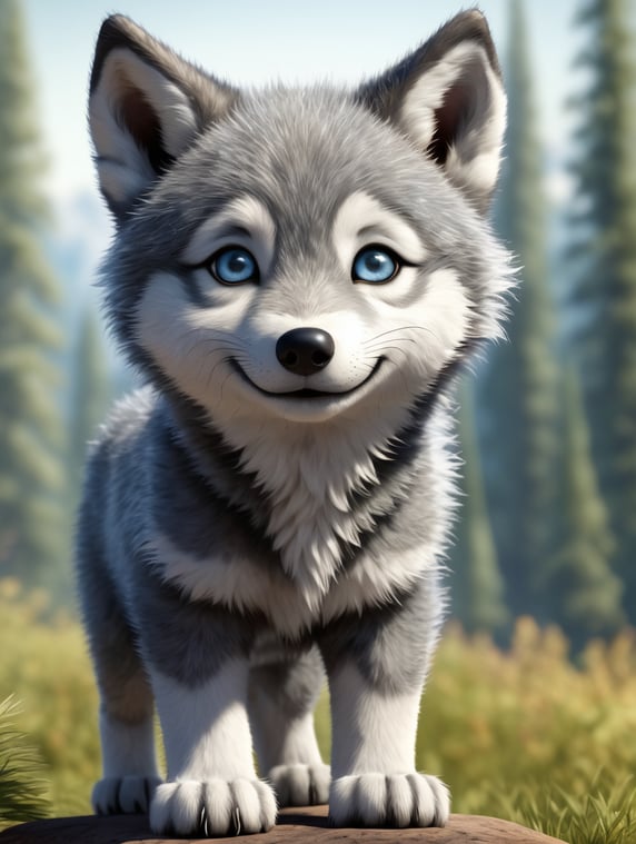 a drawing of a gray wolf cub, friendly and cute, Disney Pixar style in high definition, appearing the entire body, no background.