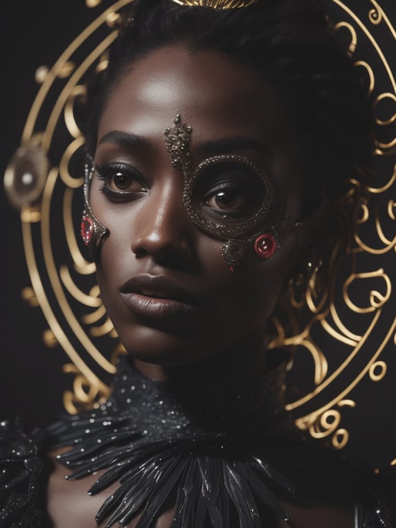 Fashionable portrait of Leela Turanga, dreaming, scary cyclops mask with one eye, latex and pvc vinyl, vantablack background, photographed by Jimmy Marble and Giuseppe Arcimboldo, medium shot fashion, award winning photography,