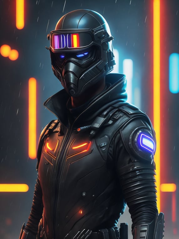 Futuristic cyberpunk masked cop, full body, heavy rain, neon lights