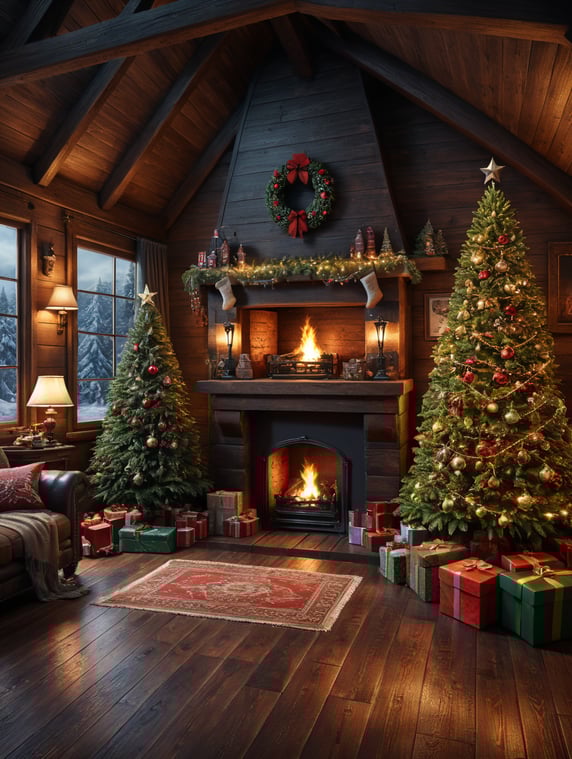 a cozy room with a wooden floor, cabin type, with a fireplace on one side and a Christmas tree on the other, Christmas gifts in the background. The center of the image must be empty to accommodate a person. photorealistic christmas atmosphere; un cuarto acogerdor con piso de madera, tipo cabaña, con una chimenea de un lado y un pino de navidad del otro, regalos de navidad en el fondo. el centro de la imagen debe estar vacio para acomodar una persona. ambiente navideño fotorealista