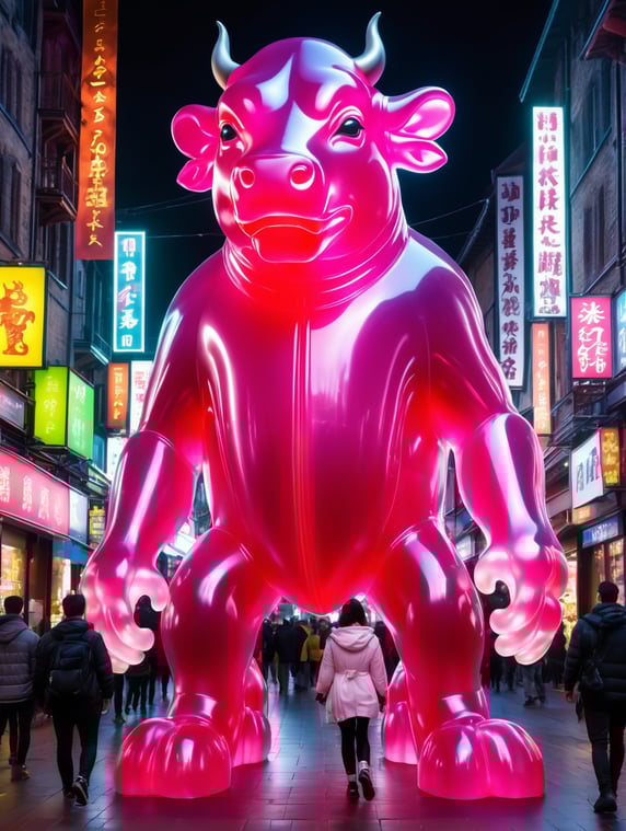 Giant gummy BULL, translucent, four-story, walks through MEDIEVAL CITY at night, neon MEDIEVAL city, cyberpunk, techno city.