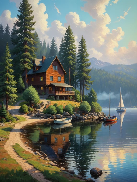 Lake, sail boat, landscape, rpg style, erin hanson, trees, quay, wharf, morning light with long shadows and mist, some fog, house, painting, hill, spruce tree, some sand