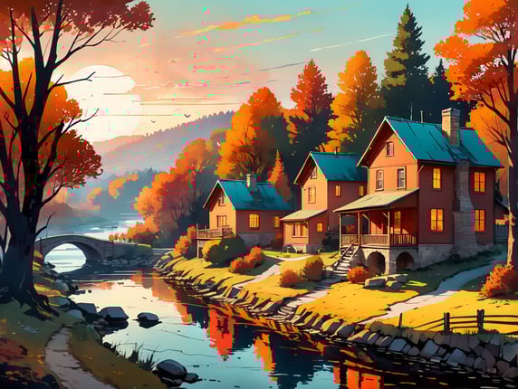 A vector flat illustration of a picturesque autumn village, with stylized cottages nestled among vibrant trees, smoke rising from chimneys, and a winding river reflecting the fall foliage, all bathed in the warm hues of sunset, Vector Flat Illustration, crafted with vector graphics software to convey the idyllic and cozy atmosphere of a rural autumn setting