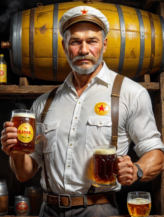 A Soviet man in a white shirt and cap holds a mug of kvass in his hands, a Soviet yellow barrel of kvass can be seen in the background