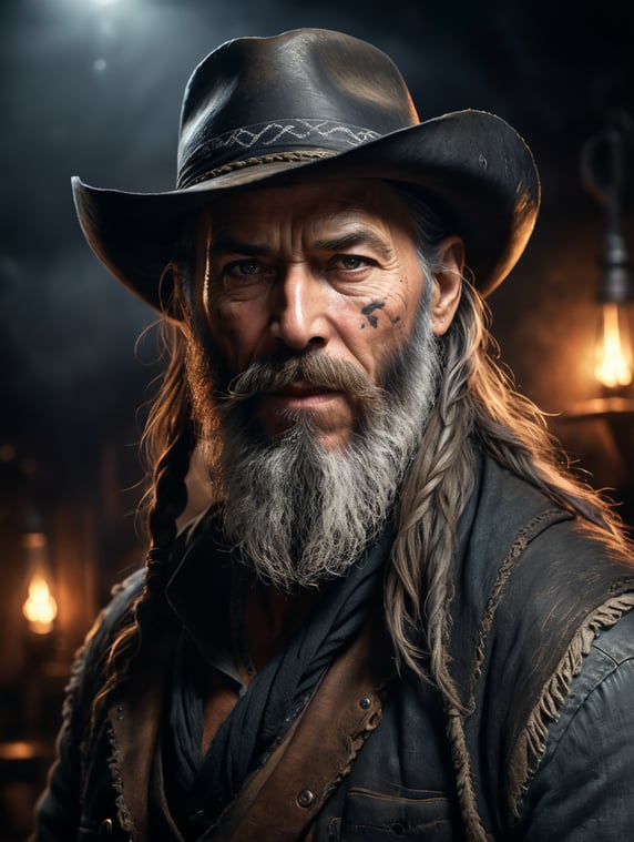 old cowboy with long beard wearing black bandana on his face, dark scene, dark atmosphere, epic shot, sharp on details