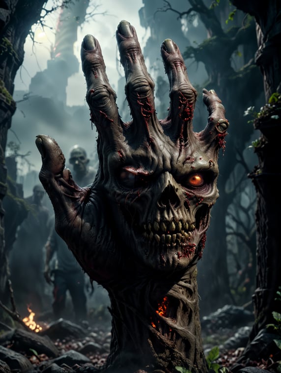 Zombie hand,horror,cinematic,Halloween,hyper realistic,4K,Refocus background,hand coming out from the ground.