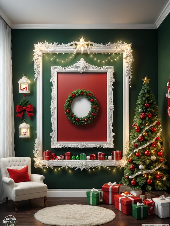 vertical frame wall mockup, white nursery with christmas decorations in red, white, green, and christmas lights