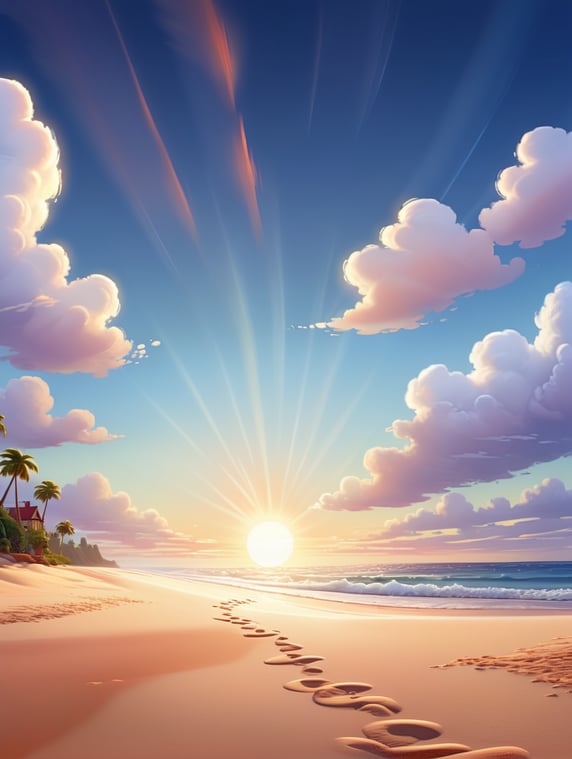 A clear blue sky with white fluffy clouds. The sun is setting over the horizon, leaving a trail of reddish and golden lights. The sea is calm, with gentle waves crashing on the sand.; Um céu azul claro com nuvens brancas e fofas. O sol está se pondo no horizonte, deixando um rastro de luzes avermelhadas e douradas. O mar está calmo, com ondas suaves quebrando na areia.