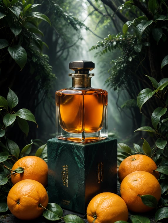 professional photography of a luxury perfume, orange fruits around, orange forest, green satin scarf, no label, clear, mockup