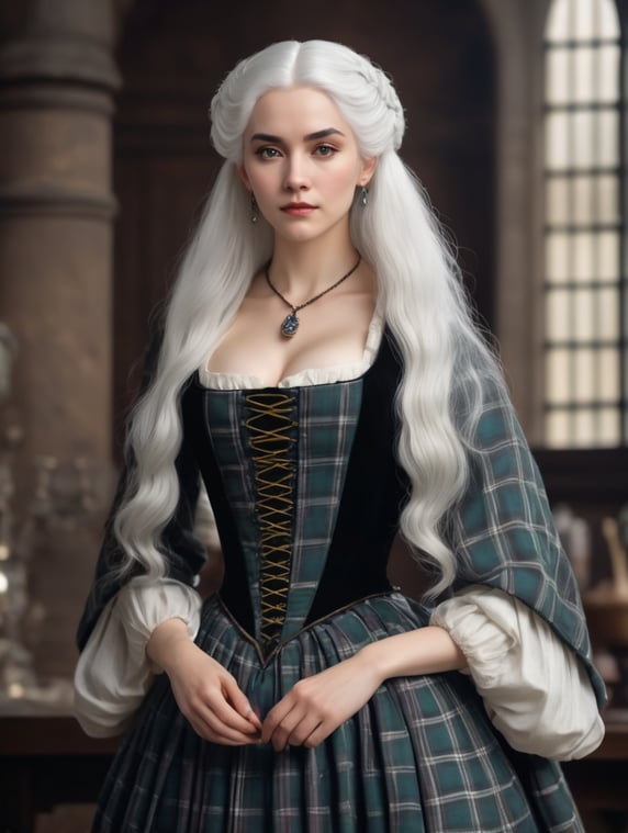 Black haired woman, white hair strand, 16th century, wizard, tartan gown renaissance style strong female character