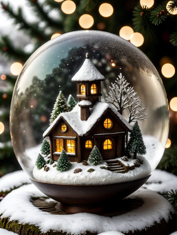 Christmas transparent ball with falling snow and fairy house