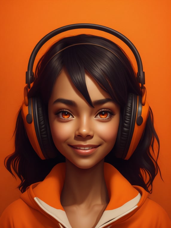 Pretty girl listening to music with calm sweet smile and big eyes with orange background cartoon character