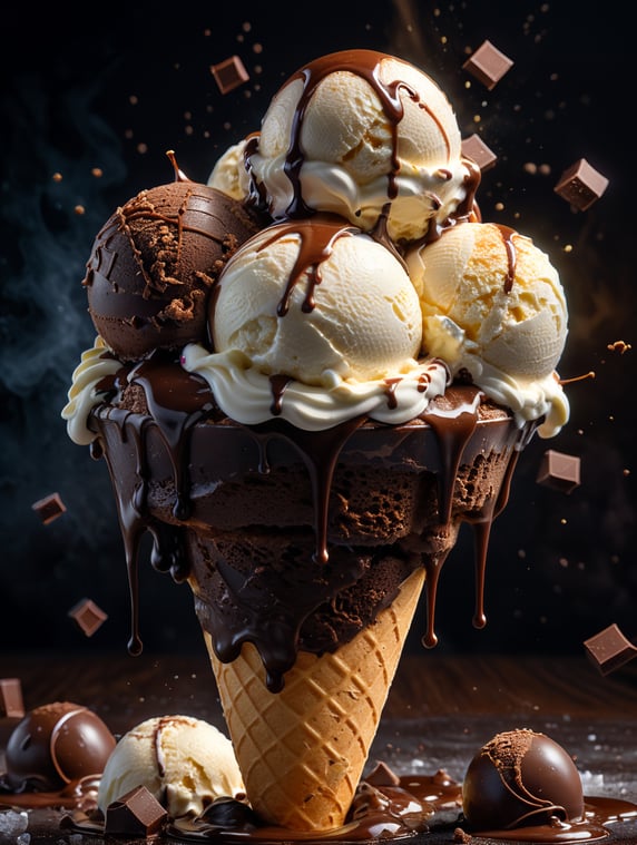 create a tremendous ice cream full of chocolate melted, flying