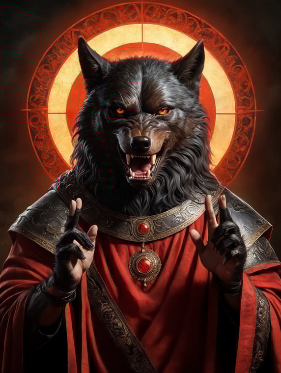 icon painted by Leonardo Davinci, portrait of a human with a black angry Wolf head, clothes in a black and red coverlet, hand crossing fingers, glow around the head in the form of a sun