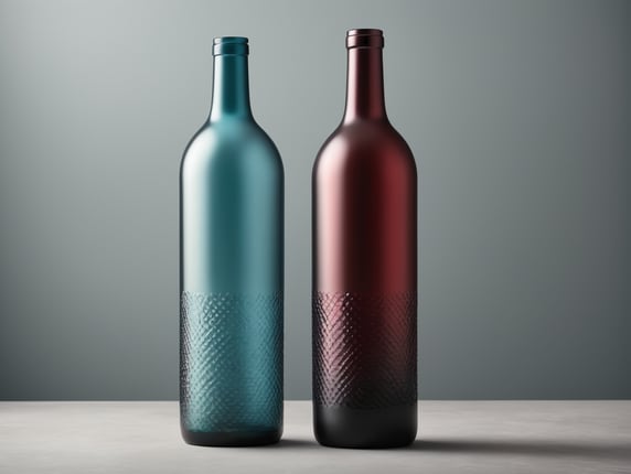 750 ml water bottle shaped like a matte cyan red wine bottle without labels and cut glass texture blurred from bottom to top in photo minimalist set; Botella de agua de 750 ml con forma de botella de vino tinto color Cyan mate sin etiquetas y textura de cristal cortado difuminada de abajo hacia arriba en Set minimalista fotográfico