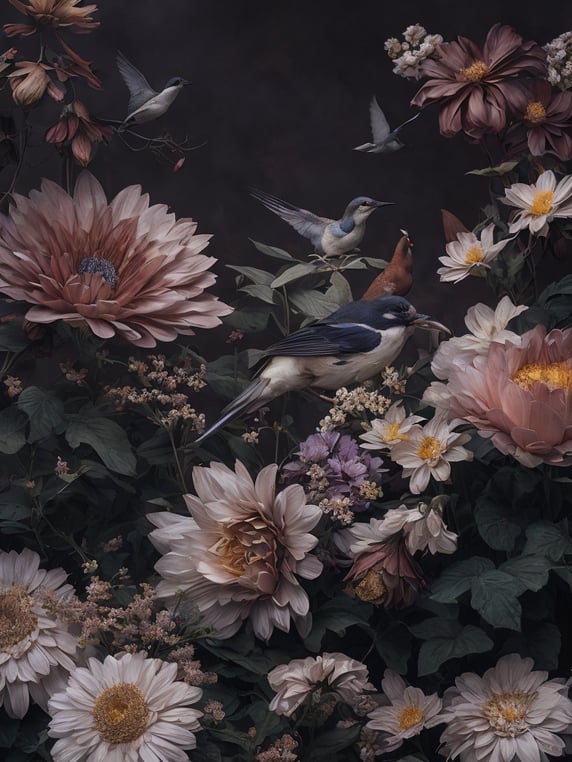 flowers and birds, deep color, sharp on details, vibrance 20, saturation 20