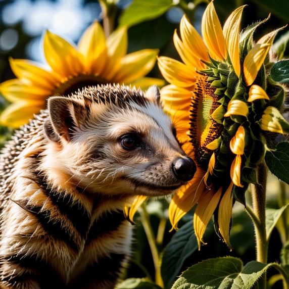 tiny hedgehog sniffs a sunflower