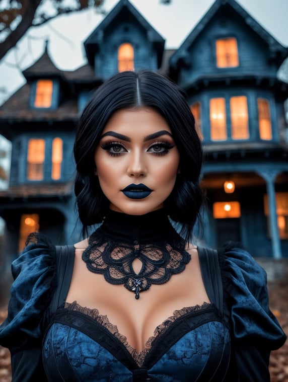 Kylie Jenner in a Halloween costume, scary makeup on her face, dark atmosphere, vintage style, blue and black colors, highly detailed photo, professional photo, against the backdrop of an old creepy house