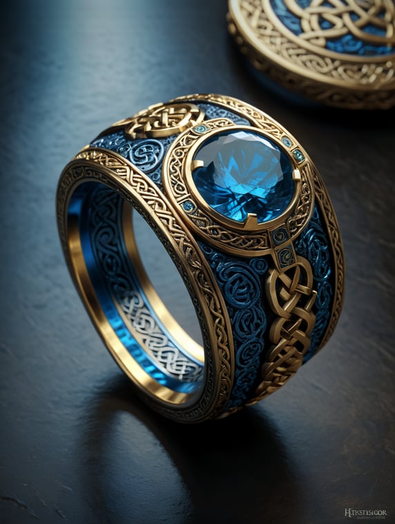 Ring with Celtic writings in black and blue and gold; Anneau avec des écritures celtiques à noir et en bleu et doré