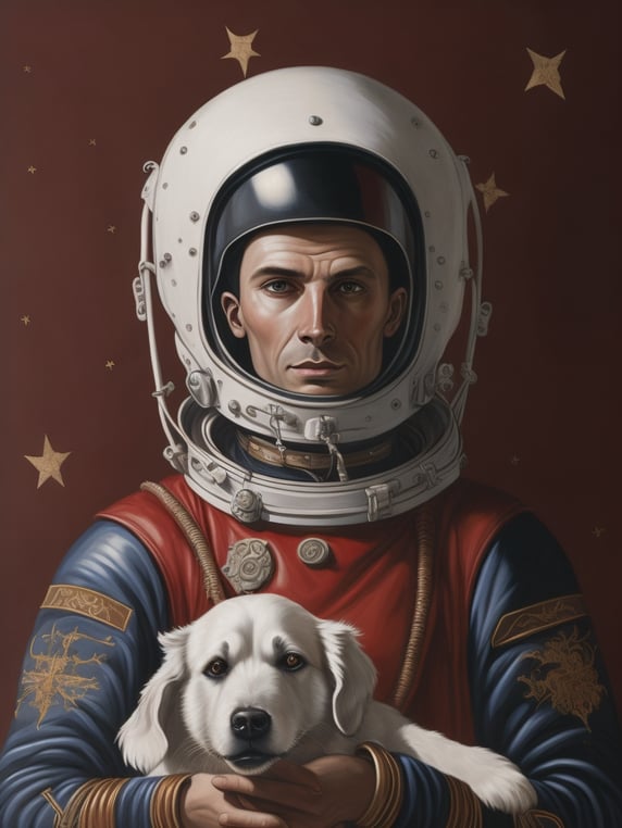 cosmonaut Yuri Alekseevich Gagarin in a red space suit, a red space uniform, with a large white cosmonaut helmet on his head, a helmet to cover his forehead, in the style of a Serbian Orthodox icon, a picture from the wall of a Serbian medieval monastery, holding a white dog Laika in his hands, a stray dog , in the background there are stars, red uniform, old wall picture in church, cosmos, universe, space trip, cosmonaut, medieval icon from Serbian monasteries style, golden circle behind the head, in the background the wall of the monastery architecture, the wall of the church, in the style of icon painters from the Middle century, oil painting, icon, painting of a saint, holy man, priest, ruler, Russian cosmonauts, 1960,; kosmonaut Jurij Aleksejevič Gagarin u crvenom svemirskom odelu, svemirskoj uniformi crvene boje, sa velikom belom kosmonautskom kacigom na glavi, kaciga da pokriva čelo, u stilu srpske pravoslavne ikone, slike sa zida iz srpskog srednjevekovnog manastira, u rukama drži belog psa lajku, stray dog, u pozadini su zvezde, red uniform, old wall picture in church, cosmos, universe, space trip, cosmonaut, srednjevekovna ikona iz srpskih manastira stil, zlatni krug iza glave, u pozadini zid arhitekture manastira, zid crkve, u stilu ikonopisaca iz srednjeg veka, slika u ulju, ikona, slika sveca, sveti čovek, sveštenik, vladar, ruski kosmonauti, 1960,