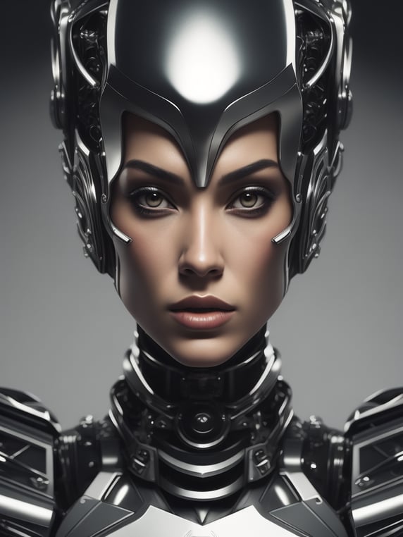 Realistic Fashion women frontal portrait Robot made of metallic shiny chromed silver, symmetric, medium shot portrait frontal, symmetry portrait, robotic, cyborg, close up portrait, head looking camera, by Hajime Sorayama and Boris Vallejo