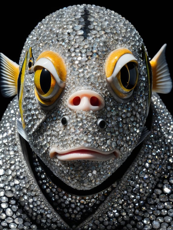 a photography of fish portrait, with face full of million strass Swarovski, black background
