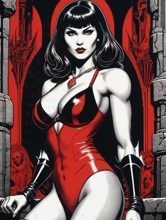 close-up of Vampirella, against the background of a dark dungeon setting, retro style, linocut, ink printing, in the style of linear art, red black and white, high detail