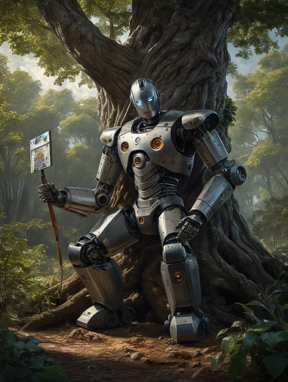 Photorealistic illustration of a robot painting a tree on canvas, in the style of a Dutch master in a modern artist studio, artstation, deviantart, cgsociety. Dramatic lighting
