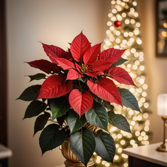 A photorealistic holiday-themed scene featuring a vibrant red poinsettia in a metallic gold pot, placed at the center of a festive setup. The plant is surrounded by warm, glowing fairy lights, ornaments, and subtle pine greenery. On either side of the poinsettia, professional DSLR cameras on tripods are set up as if ready to capture the perfect shot. The background is softly blurred with golden bokeh lights, creating a cozy, warm holiday atmosphere. The overall aesthetic is modern and elegant, emphasizing the beauty of the poinsettia as a focal point.