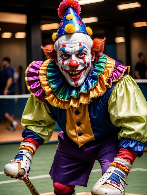 a clown playing padel, full body