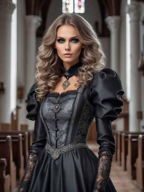 A young voluptuous woman with long curly brunette hair, she has dark eyes and smoky makeup. She is wearing a tight latex dress. She stands with her back to the observer, she looks at the person watching. She stands in a dark church. Photorealistic style.; Eine junge üppige Frau mit langen lockigen Brünetten Haaren, sie hat dunkle Augen und smoky makeup. Sie trägt ein enges Latexkleid. Sie steht mit dem Rücken zum Beobachter, sie schaut den Beobachten an. Sie steht in einer dunklen Kirche. Photorealistischer stil.