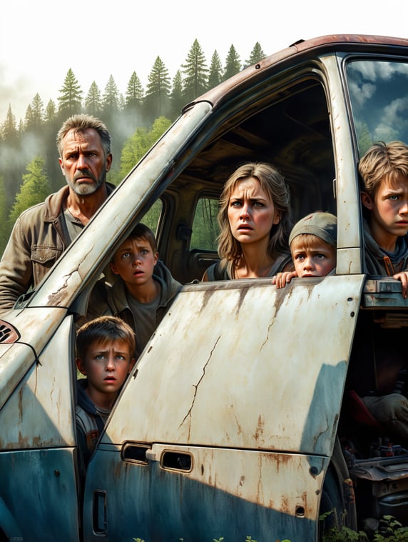 Family with a disappointed face outside the vehicle because the car battery left them on the road, Vehicle with the hood open, the road is wide and wooded. High resolution images in light colors. Full body photography.