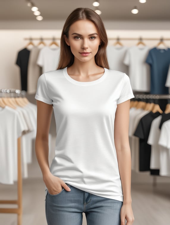 Woman wearing blank white T-Shirt in Clothing Store Mockup