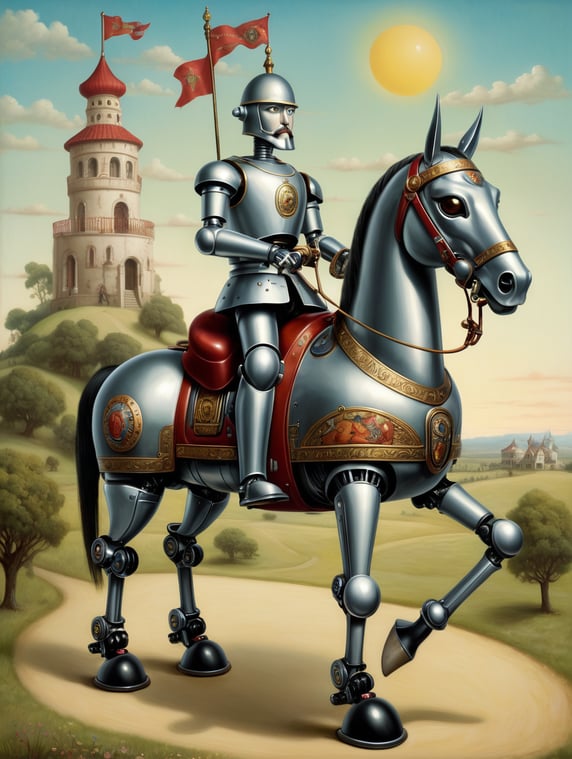 A don quixote robot ride a robot horse, by mark ryden