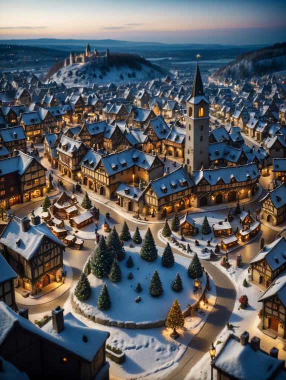 tilt shift photography of a Christmas medieval fantasy miniature city, depth of view, sunny, at night, snowy weather