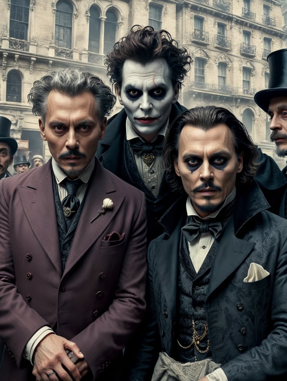 By Tim Burton, spooky Halloween eve, Johnny Depp embodying a grotesque Victorian gentleman ghost, haunted London streets, surreal horror, Halloween charm, cinematic photography, action shoot, movement, epic, high definition