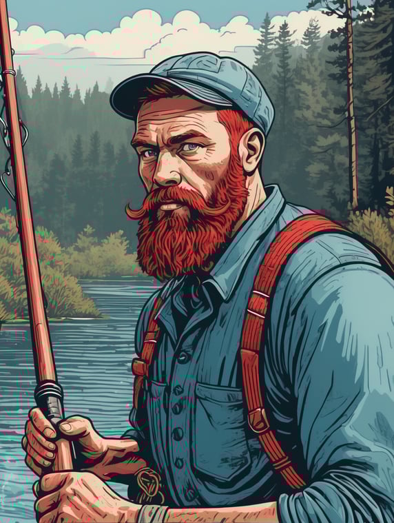 close-up of a male fisherman with one fishing rod of Slavic origin with a red beard, against the background of a river, forest in the background, retro style, linocut, ink printing, in the style of linear art, blue, light blue, red and white, high detail
