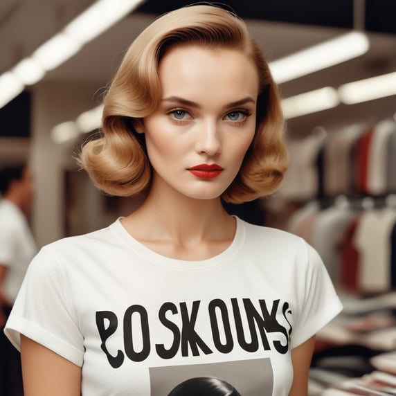 Extremely detailed photographic image, grained image, beautifully composed, monochrome image, 50's fashionable image, fashionable magazine photography, leica summicron 35mm f2.0, kodak 400tx, fashion photography, fashionable model, william s. burroughs, Woman wearing blank white T-Shirt in Clothing Store Mockup, mock up