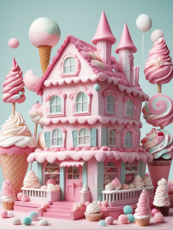 Candy world.house.cupcake house.big cupcakes.big candies.ice cream.