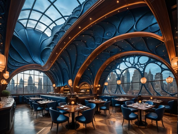 dream prompt: the craziest wide viewing angle and large view lens architectural modern style hyper realistic hyper detailed neocosmic exterior architecture design of a dinosaure shape Fluid restaurant facade, bleue geometric dinosaure spectrum, bleue::1 white::3, Santiago Calatrava and Aaron Horkey architecture art styles, in new york city, soft ambient, night light, cinematic photo, natural lighting, camera nikon, 8k, --s1000 --style raw, you can imagine