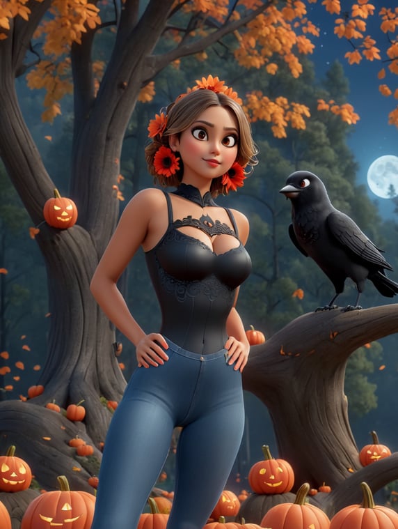 Eiza González, Dark Night, In the background a forest, A bright moon, Halloween day, black crows, tits, pumpkins, A red gerbera on the head on the right side, black sleeveless leotard, blue jeans