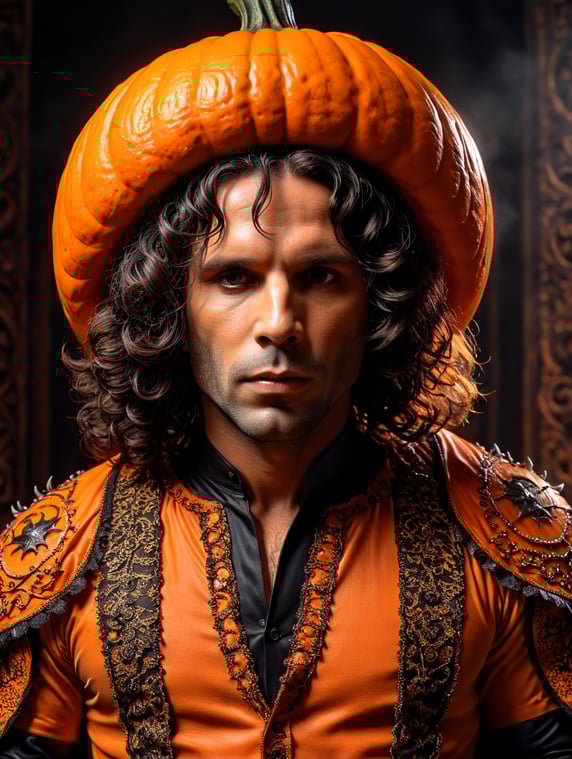 Photo of Jim Morrison in a scary orange and black halloween costume.